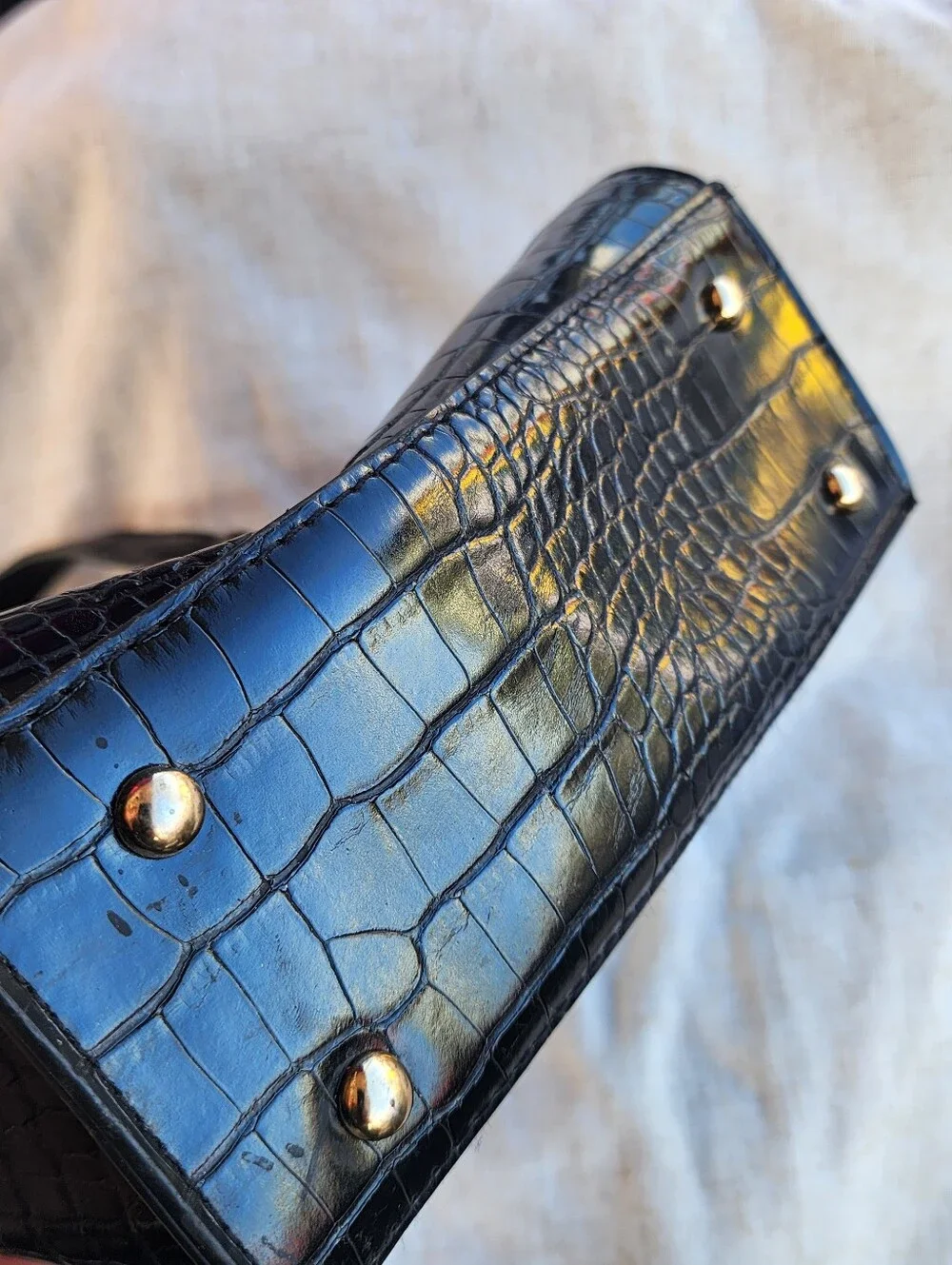 bebe Black Croc-Embossed Patent Satchel with Silver Logo